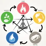 Schema dei 5 elementi simboli: Fuoco, Terra, Metallo, Acqua, Legno, con figura umana al centro.
