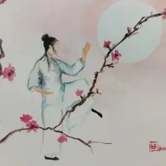 Una figura con elemento terra personalità pratica tai chi tra rami fioriti, sotto una luna rosa.