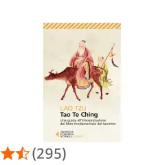Copertina del libro "Tao Te Ching" di Lao Tzu, con un'illustrazione di un saggio su un bufalo e un giovane discepolo.