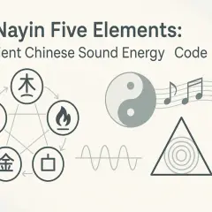Il diagramma dei Cinque Elementi (Wu Xing) con simboli cinesi, Yin Yang, note musicali e onde sonore, illustra l'energia sonora antica.
