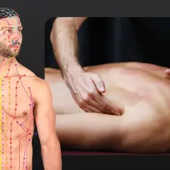 Schema del corpo umano con meridiani e punti di agopuntura, inclusi i punti sul polso. Accanto, un massaggio terapeutico sulla schiena.