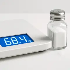 Bilancia digitale mostra 68.4 kg accanto a un salino. Un promemoria visivo per perdere 10 kg di liquidi, forse riducendo il sale.