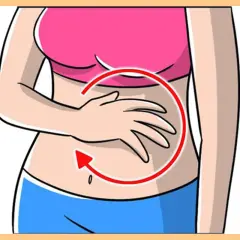 Mano che massaggia la pancia con un cerchio rosso e freccia. Scopri come il massaggio dimagrante pancia funziona per te.