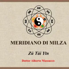 Diagramma del meridiano milza, con simboli Yin/Yang e trigrammi. Titolo: "Meridiano di Milza".