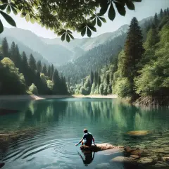 A person sits on a rock in a clear lake, creating ripples with their hand. Lush green mountains surround the lake.