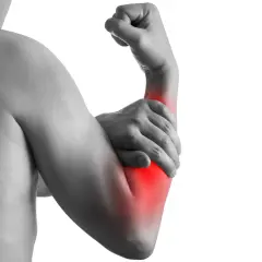 Person holding their right arm, with a red area highlighting pain or tension in the elbow and forearm.