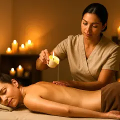 Un massaggio con candele rilassante, con olio caldo versato sulla schiena. L'ambiente è illuminato da candele tremolanti.