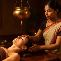 Woman receiving oil treatment on forehead from a hanging pot in a spa.