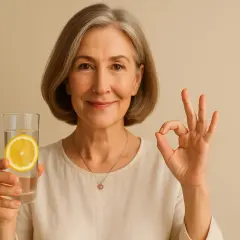Donna sorridente con bicchiere d'acqua e limone, pollice in su. Un gesto che simboleggia l'efficacia dei trattamenti detox.