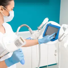 Operatrice con guanti blu e mascherina prepara un macchinario per il massaggio endodermico, toccando lo schermo.