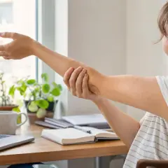 Donna si massaggia il braccio, forse per alleviare la sensazione di ritenzione idrica braccia. Sul tavolo, un laptop e piante verdi.