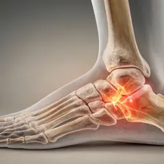 Anatomical illustration of a foot with highlighted bones and glowing red areas indicating pain in the heel.