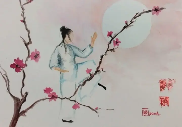 Una figura con elemento terra personalità pratica tai chi tra rami fioriti, sotto una luna rosa.