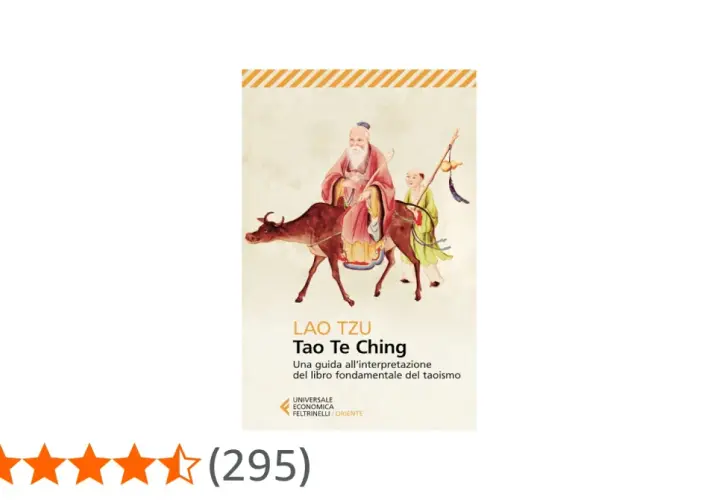 Copertina del libro "Tao Te Ching" di Lao Tzu, con un'illustrazione di un saggio su un bufalo e un giovane discepolo.