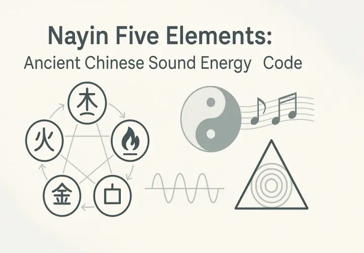 Il diagramma dei Cinque Elementi (Wu Xing) con simboli cinesi, Yin Yang, note musicali e onde sonore, illustra l'energia sonora antica.