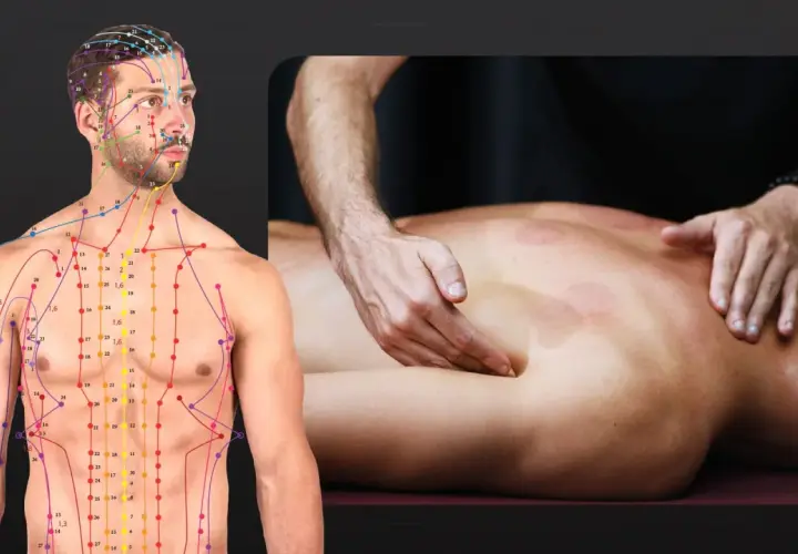 Schema del corpo umano con meridiani e punti di agopuntura, inclusi i punti sul polso. Accanto, un massaggio terapeutico sulla schiena.