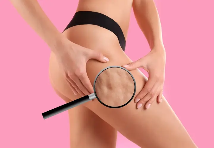 Ingrandimento della pelle della coscia che mostra la cellulite, un segno di cattiva circolazione gambe.