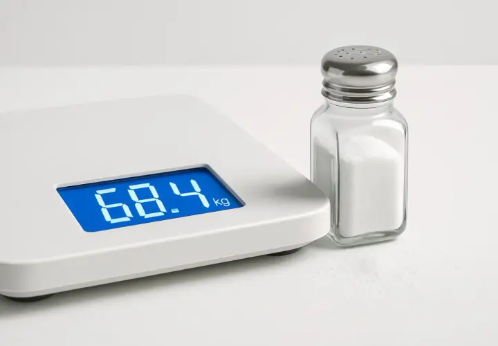 Bilancia digitale mostra 68.4 kg accanto a un salino. Un promemoria visivo per perdere 10 kg di liquidi, forse riducendo il sale.