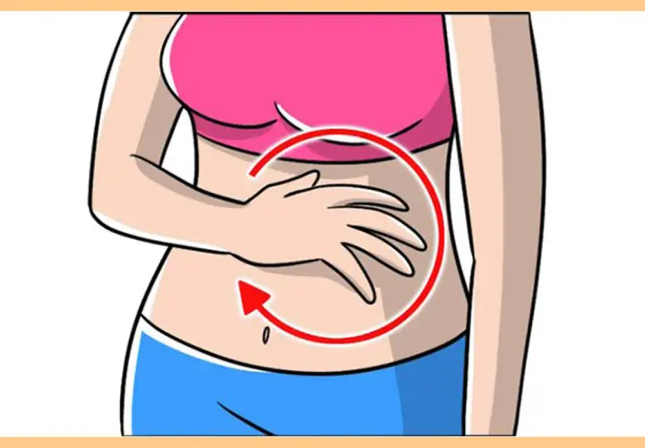 Mano che massaggia la pancia con un cerchio rosso e freccia. Scopri come il massaggio dimagrante pancia funziona per te.