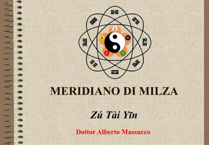 Diagramma del meridiano milza, con simboli Yin/Yang e trigrammi. Titolo: "Meridiano di Milza".