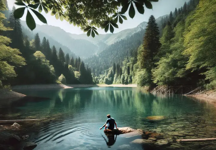 A person sits on a rock in a clear lake, creating ripples with their hand. Lush green mountains surround the lake.