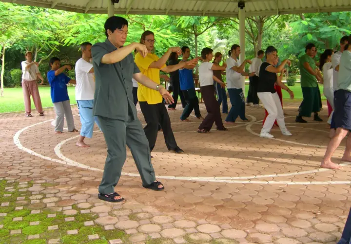 A group of people practice Tai Chi outdoors under a covered pavilion.