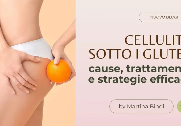 Dettagli sulla cellulite sotto i glutei, con un'arancia che simboleggia la texture della pelle. Cause, trattamenti e strategie efficaci.