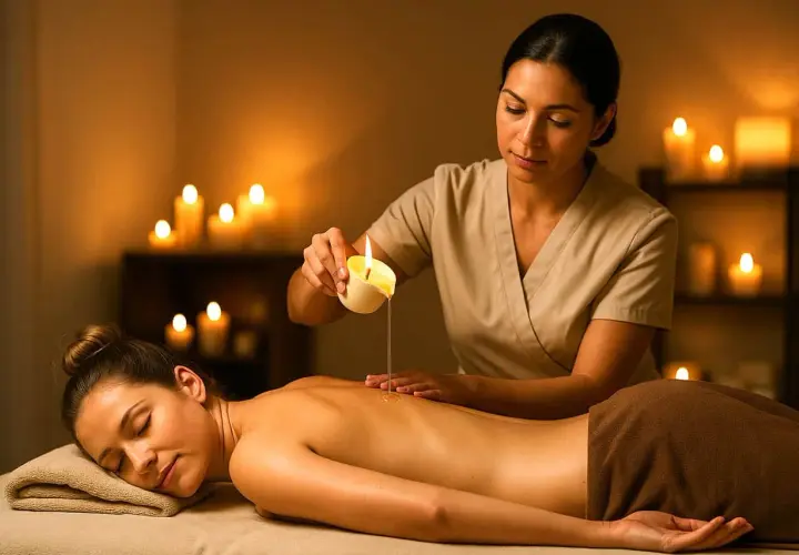 Un massaggio con candele rilassante, con olio caldo versato sulla schiena. L'ambiente è illuminato da candele tremolanti.