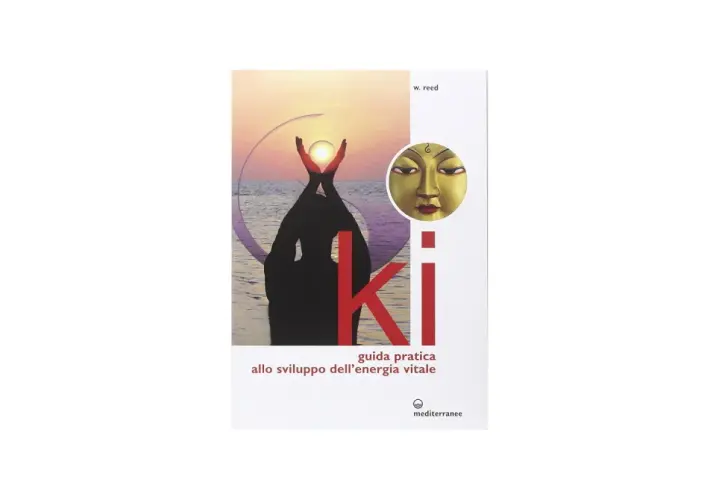 Copertina libro "Ki: guida pratica allo sviluppo dell'energia vitale". Immagine con silhouette di persona, sole e maschera orientale. Utile per capire come rinforzare i reni medicina cinese.