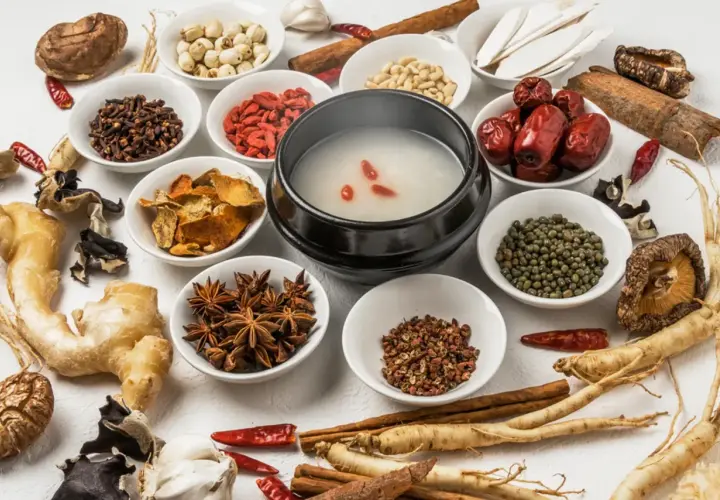 Ingredienti per brodo tonificante: bacche di goji, zenzero, funghi, spezie e altri cibi yin.