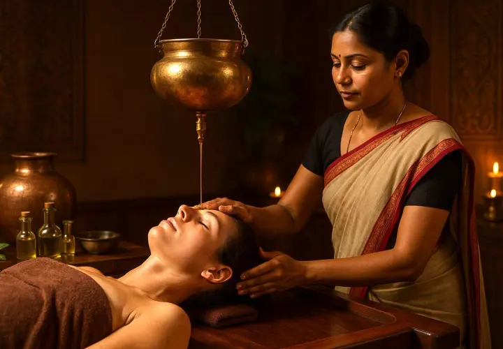 Woman receiving oil treatment on forehead from a hanging pot in a spa.