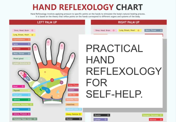 Mappa riflessologia mano: diagramma colorato mostra punti riflessi su palmo e dita, collegati a organi e sistemi del corpo per auto-aiuto.