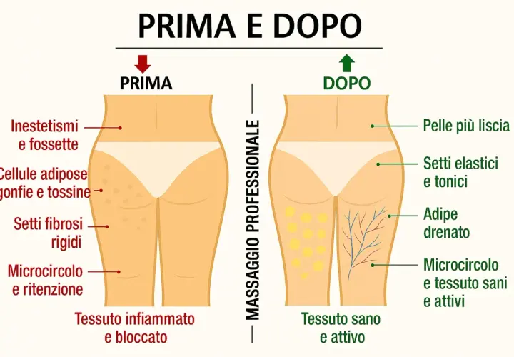 Diagram comparing "before" (cellulite, inflamed tissue) and "after" (smooth skin, healthy tissue) of professional massage.
