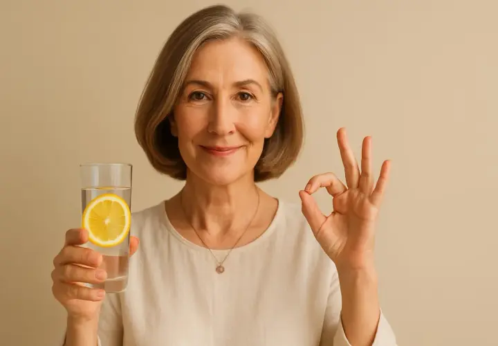 Donna sorridente con bicchiere d'acqua e limone, pollice in su. Un gesto che simboleggia l'efficacia dei trattamenti detox.