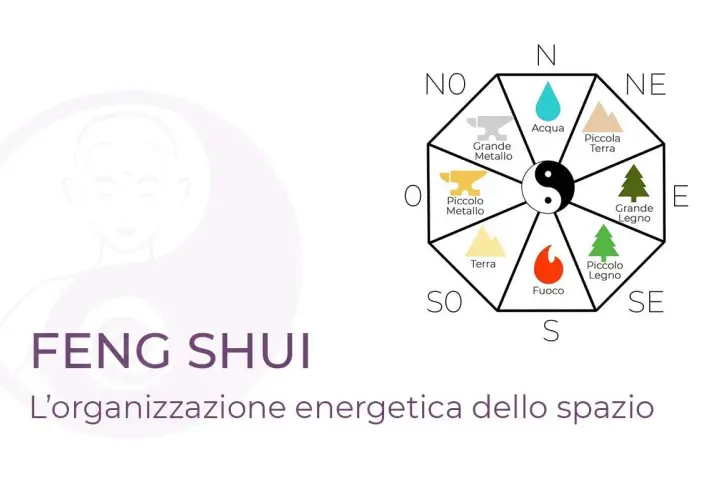 Feng Shui diagram with elements, directions, and yin-yang symbol.