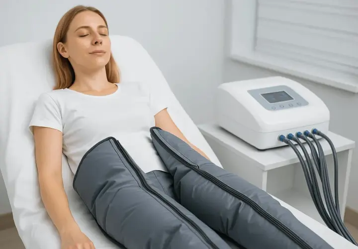 Woman lying down with eyes closed, wearing compression boots connected to a pressomassaggio machine.