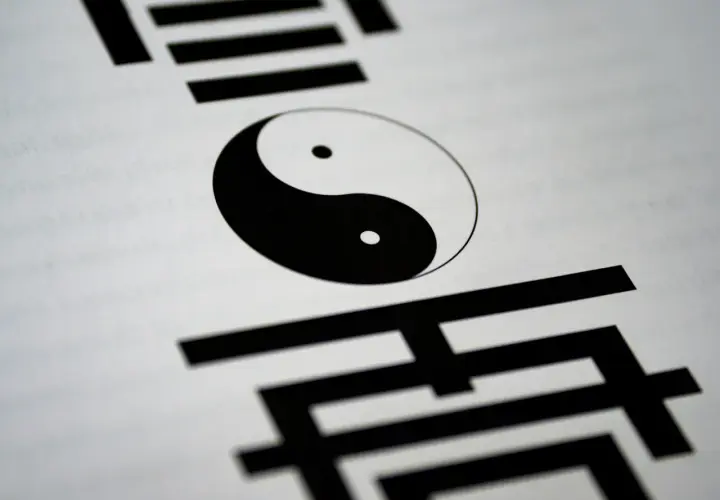 Simbolo **Jing Yang** (Yin e Yang) su sfondo bianco, circondato da caratteri neri stilizzati.