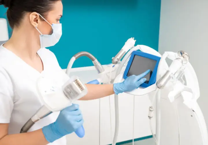 Operatrice con guanti blu e mascherina prepara un macchinario per il massaggio endodermico, toccando lo schermo.