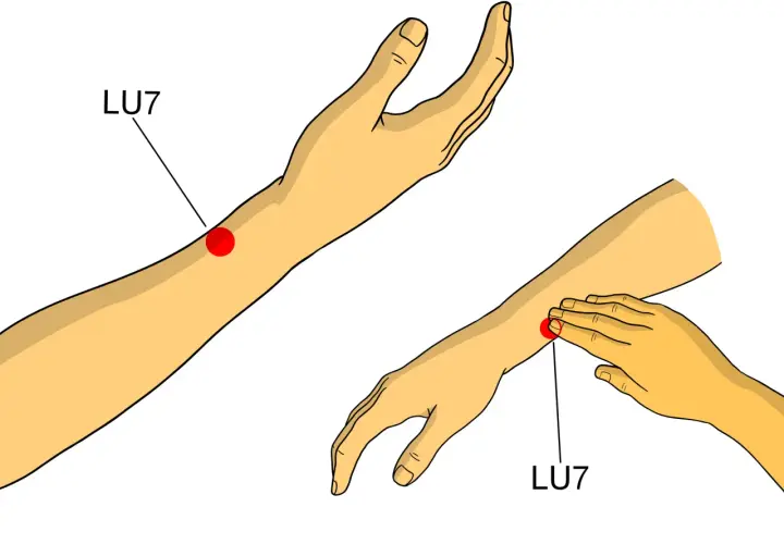 Punti digitopressione per ansia: il punto LU7 sul polso, indicato da un cerchio rosso, può aiutare a calmare la mente.
