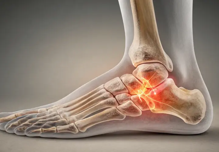 Anatomical illustration of a foot with highlighted bones and glowing red areas indicating pain in the heel.