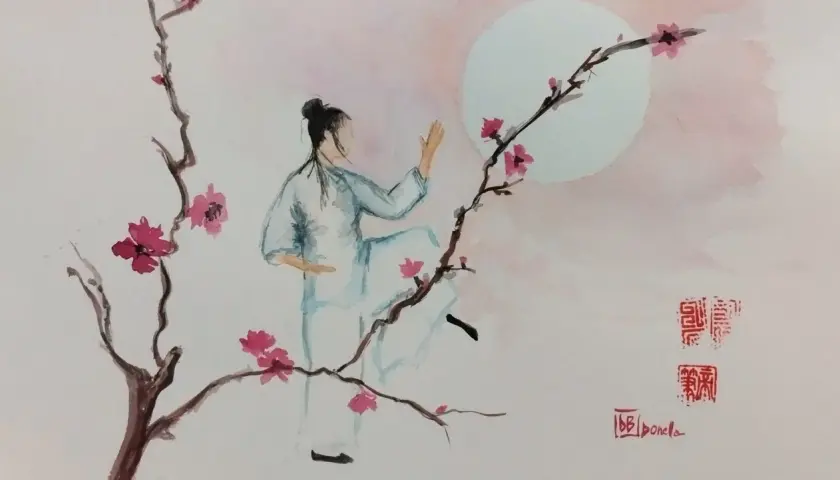 Una figura con elemento terra personalità pratica tai chi tra rami fioriti, sotto una luna rosa.