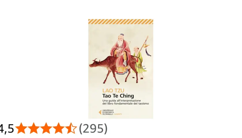 Copertina del libro "Tao Te Ching" di Lao Tzu, con un'illustrazione di un saggio su un bufalo e un giovane discepolo.