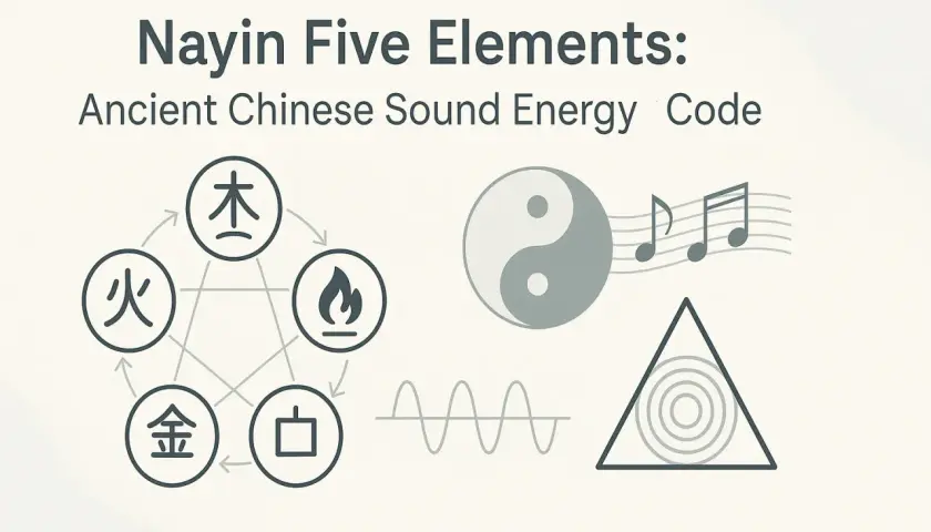 Il diagramma dei Cinque Elementi (Wu Xing) con simboli cinesi, Yin Yang, note musicali e onde sonore, illustra l'energia sonora antica.