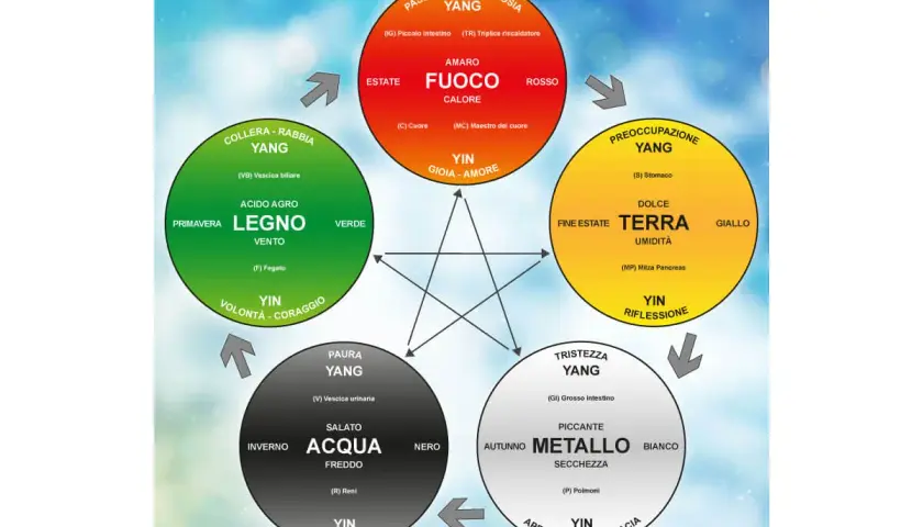 Schema dei 5 elementi (Legno, Fuoco, Terra, Metallo, Acqua) con le loro corrispondenze nel corpo e nelle emozioni. Il **mtc significato** è la Medicina Tradizionale Cinese.
