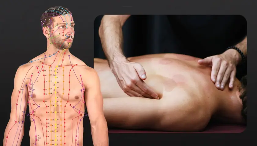 Schema del corpo umano con meridiani e punti di agopuntura, inclusi i punti sul polso. Accanto, un massaggio terapeutico sulla schiena.