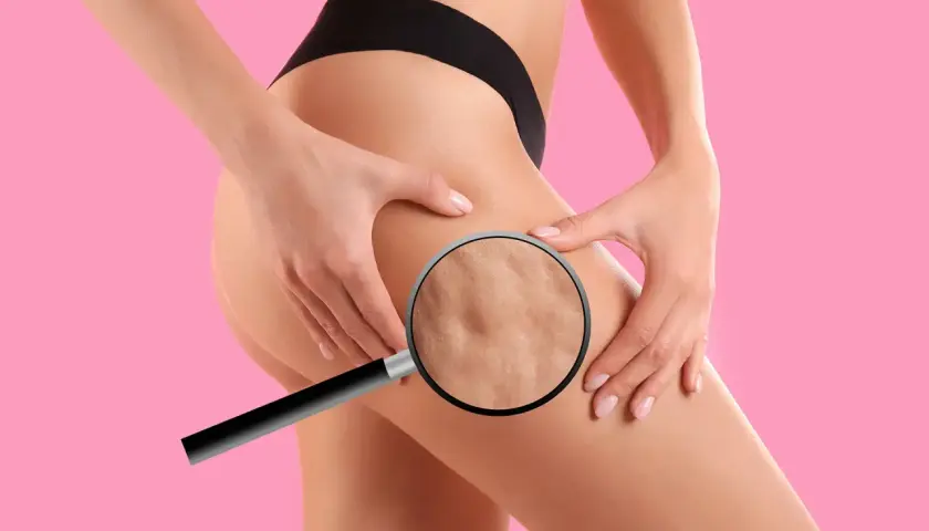 Ingrandimento della pelle della coscia che mostra la cellulite, un segno di cattiva circolazione gambe.