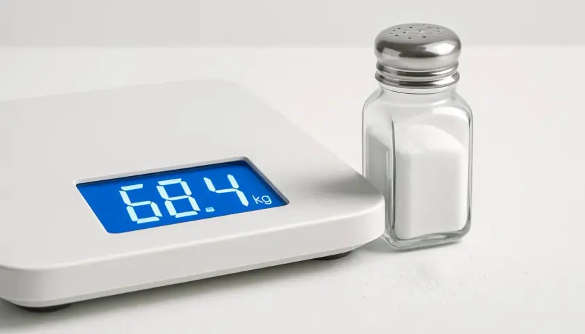 Bilancia digitale mostra 68.4 kg accanto a un salino. Un promemoria visivo per perdere 10 kg di liquidi, forse riducendo il sale.