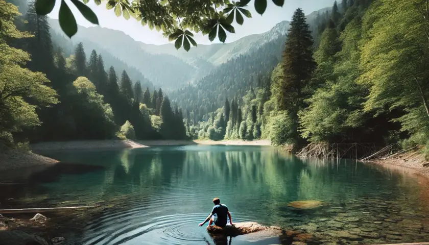 A person sits on a rock in a clear lake, creating ripples with their hand. Lush green mountains surround the lake.