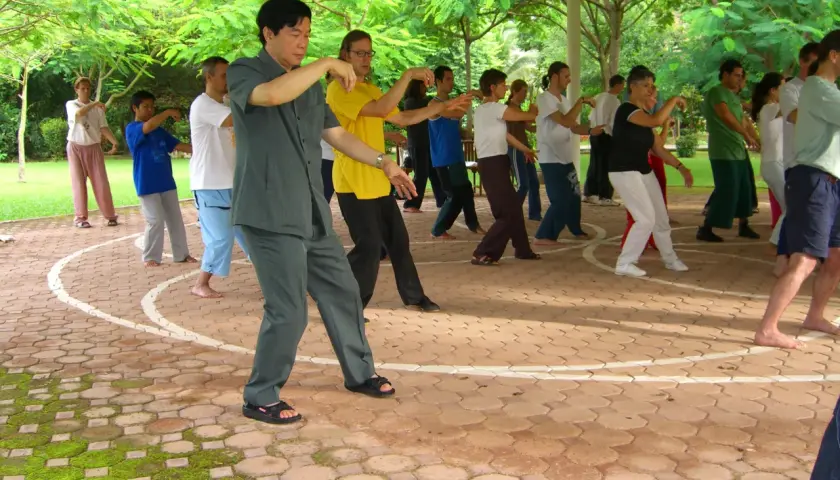 A group of people practice Tai Chi outdoors under a covered pavilion.