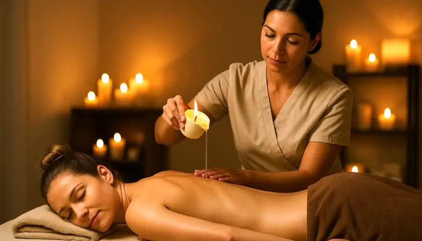 Un massaggio con candele rilassante, con olio caldo versato sulla schiena. L'ambiente è illuminato da candele tremolanti.